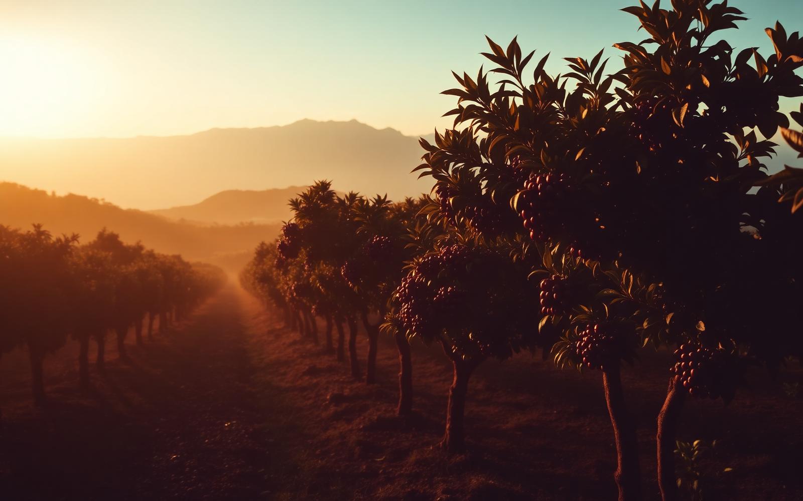 Mozambique highland coffee farm at golden hour